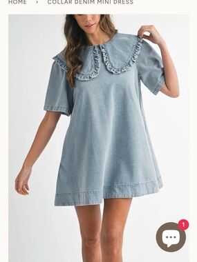 Anna Grace Light Blue Denim Dress with Ruffle Peter Pan Collar